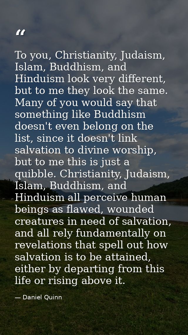 To you, Christianity, Judaism, Islam, Buddhism, and Hinduism look very different, but to me they look the same. Many of  — Daniel Quinn