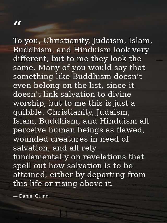 To you, Christianity, Judaism, Islam, Buddhism, and Hinduism look very different, but to me they look the same. Many of  — Daniel Quinn