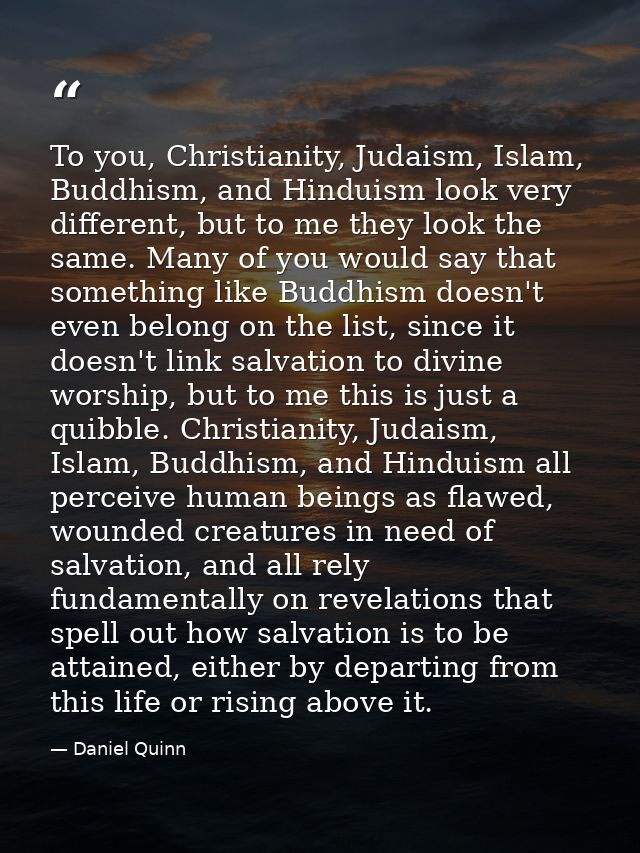To you, Christianity, Judaism, Islam, Buddhism, and Hinduism look very different, but to me they look the same. Many of  — Daniel Quinn