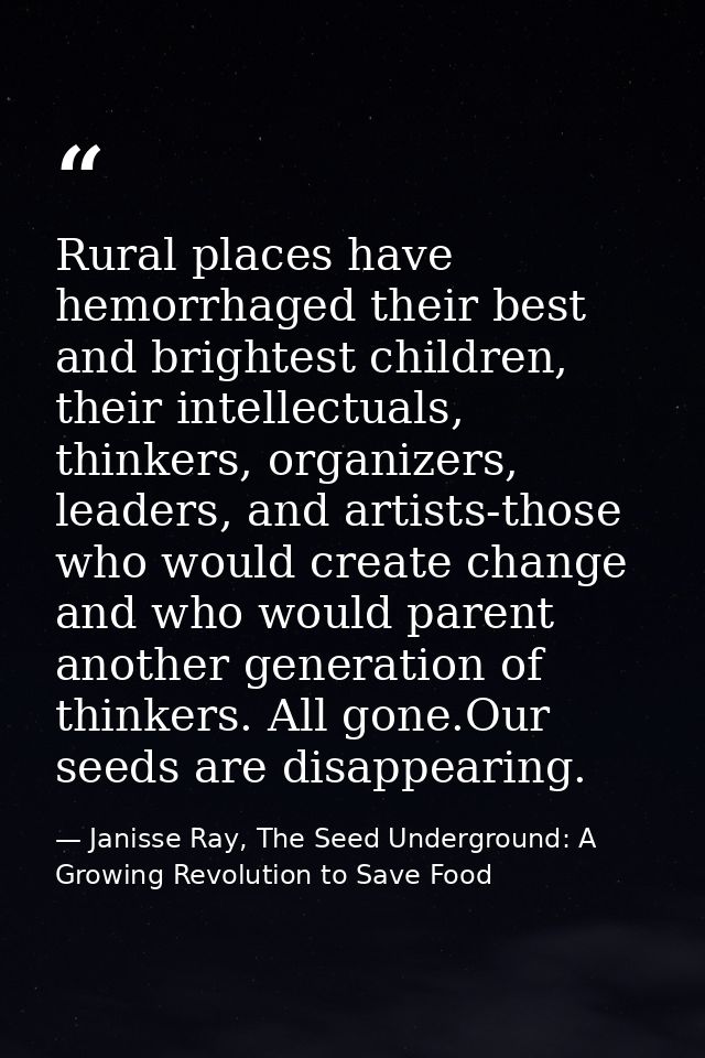 Rural places have hemorrhaged their best and brightest children, their intellectuals, thinkers, organizers, leaders, and — Janisse Ray, The Seed Underground: A Growing Revolution to Save Food