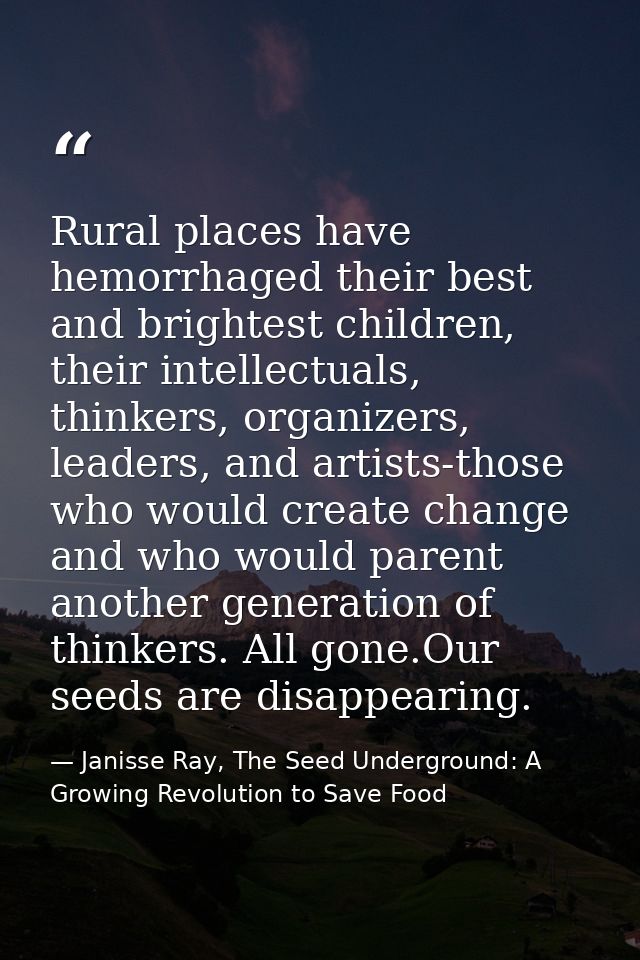 Rural places have hemorrhaged their best and brightest children, their intellectuals, thinkers, organizers, leaders, and — Janisse Ray, The Seed Underground: A Growing Revolution to Save Food