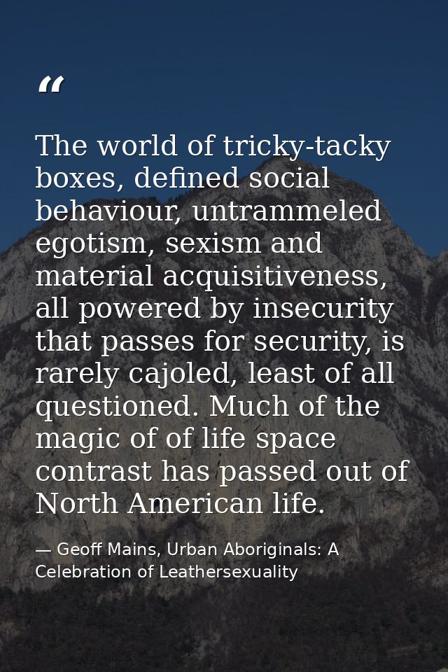 The world of tricky-tacky boxes, defined social behaviour, untrammeled egotism, sexism and material acquisitiveness, all — Geoff Mains, Urban Aboriginals: A Celebration of Leathersexuality