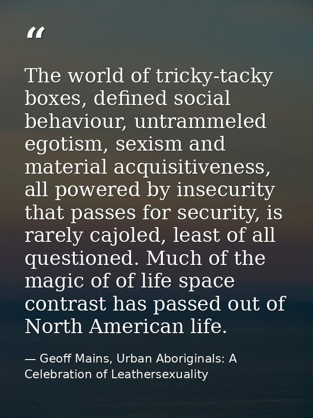 The world of tricky-tacky boxes, defined social behaviour, untrammeled egotism, sexism and material acquisitiveness, all — Geoff Mains, Urban Aboriginals: A Celebration of Leathersexuality