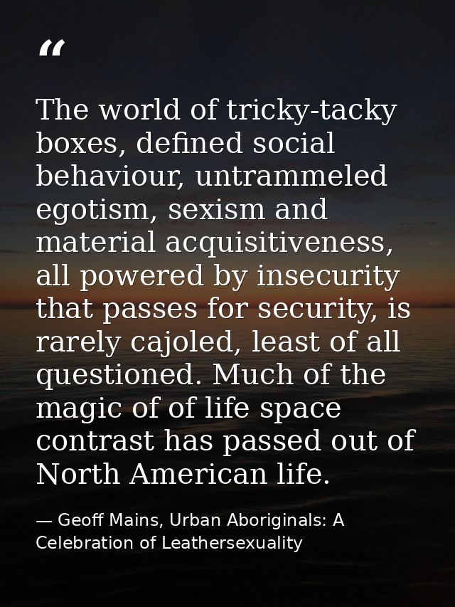 The world of tricky-tacky boxes, defined social behaviour, untrammeled egotism, sexism and material acquisitiveness, all — Geoff Mains, Urban Aboriginals: A Celebration of Leathersexuality