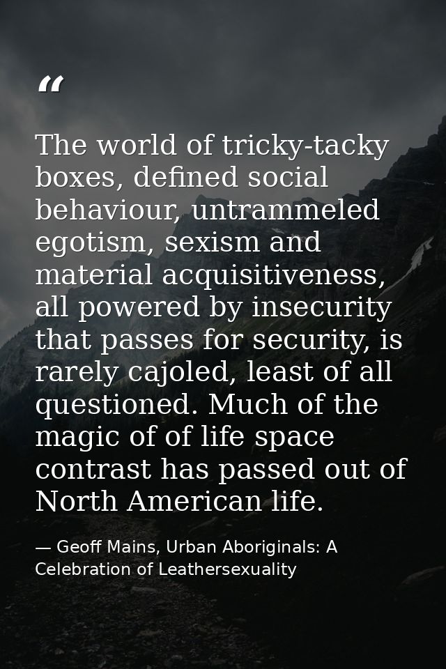 The world of tricky-tacky boxes, defined social behaviour, untrammeled egotism, sexism and material acquisitiveness, all — Geoff Mains, Urban Aboriginals: A Celebration of Leathersexuality