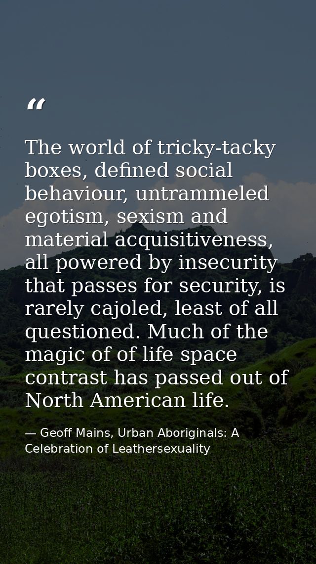 The world of tricky-tacky boxes, defined social behaviour, untrammeled egotism, sexism and material acquisitiveness, all — Geoff Mains, Urban Aboriginals: A Celebration of Leathersexuality