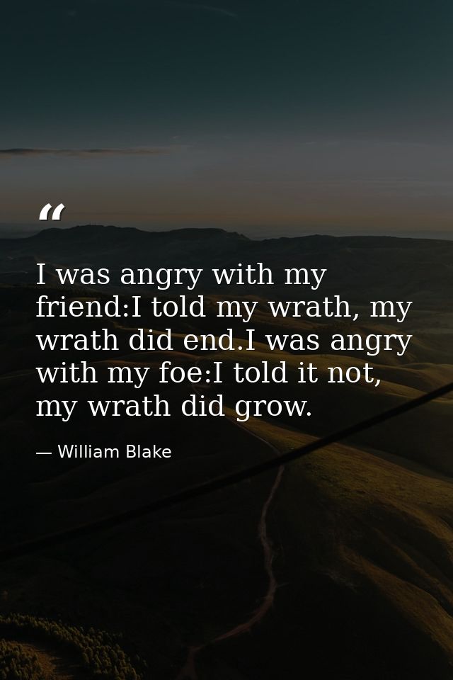 I was angry with my friend:I told my wrath, my wrath did end.I was angry with my foe:I told it not, my wrath did grow. — William Blake