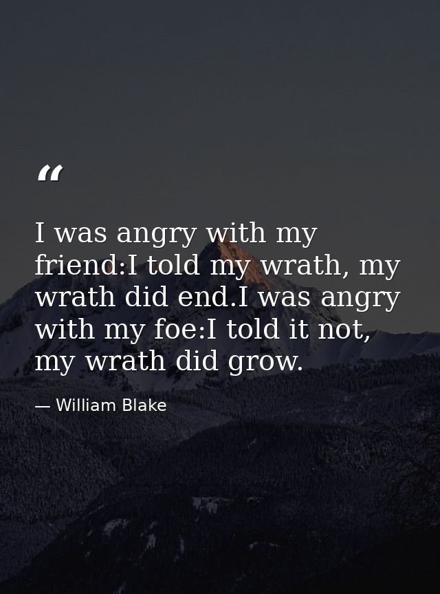 I was angry with my friend:I told my wrath, my wrath did end.I was angry with my foe:I told it not, my wrath did grow. — William Blake