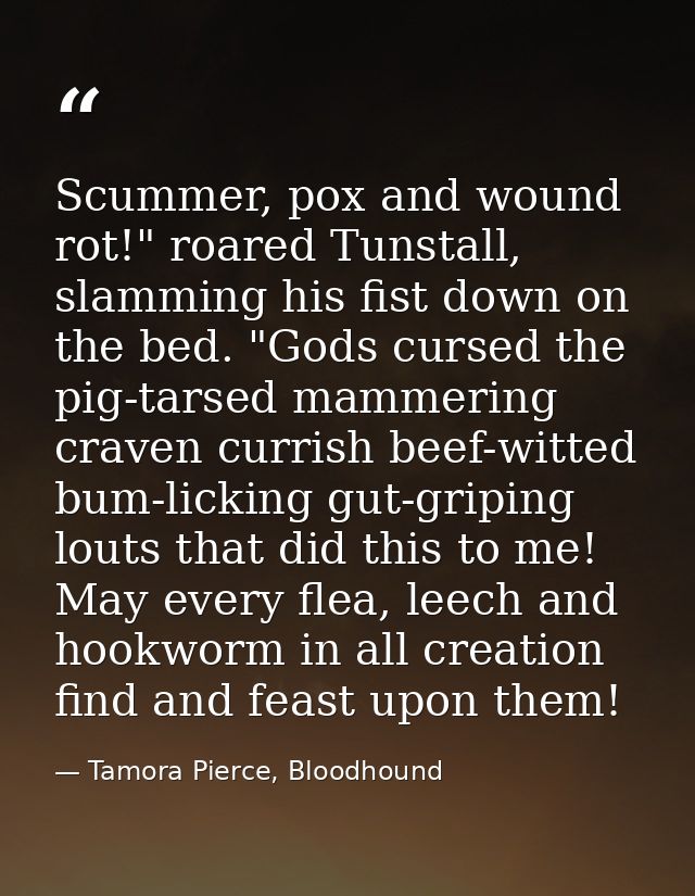 Scummer, pox and wound rot!" roared Tunstall, slamming his fist down on the bed. "Gods cursed the pig-tarsed mammering c — Tamora Pierce, Bloodhound