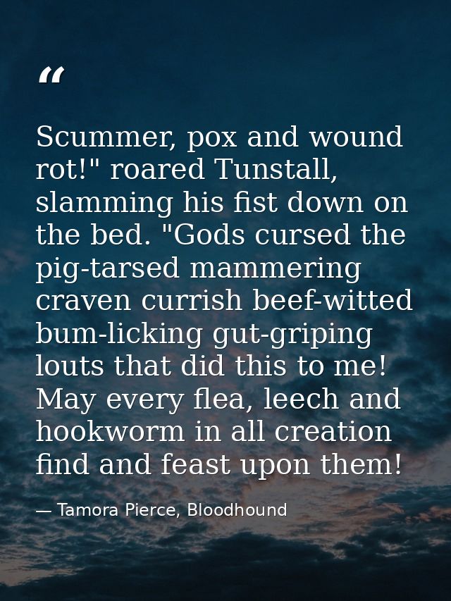 Scummer, pox and wound rot!" roared Tunstall, slamming his fist down on the bed. "Gods cursed the pig-tarsed mammering c — Tamora Pierce, Bloodhound