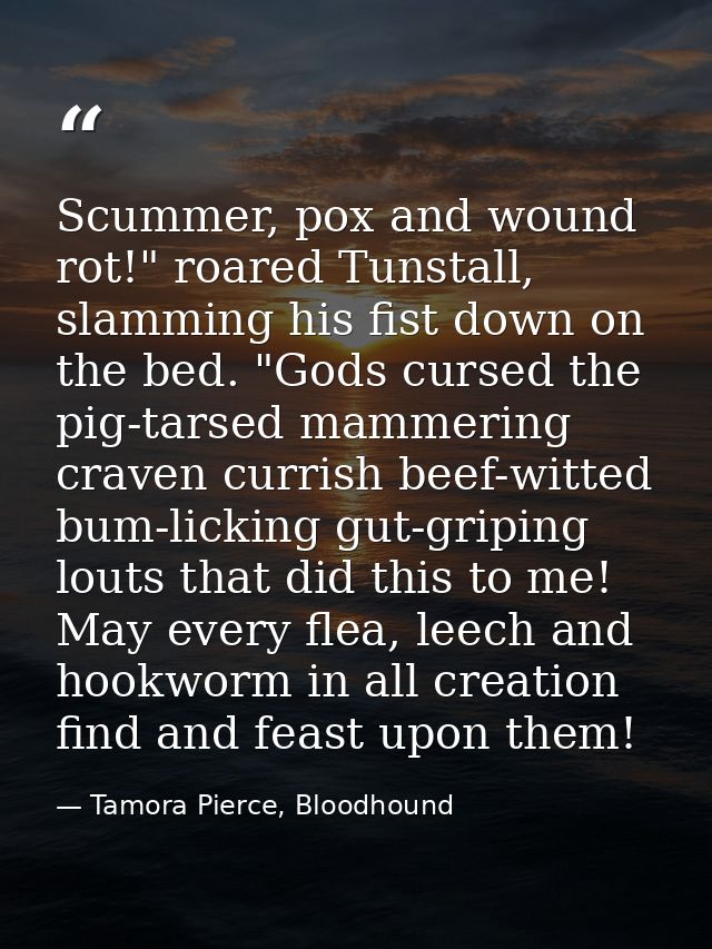 Scummer, pox and wound rot!" roared Tunstall, slamming his fist down on the bed. "Gods cursed the pig-tarsed mammering c — Tamora Pierce, Bloodhound