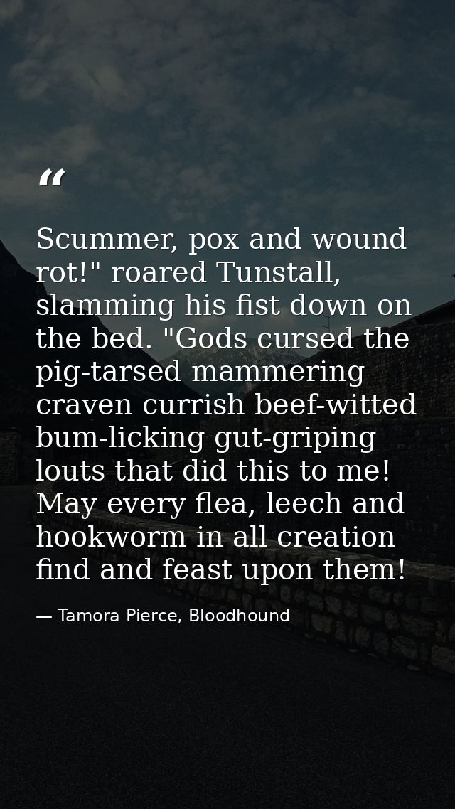 Scummer, pox and wound rot!" roared Tunstall, slamming his fist down on the bed. "Gods cursed the pig-tarsed mammering c — Tamora Pierce, Bloodhound