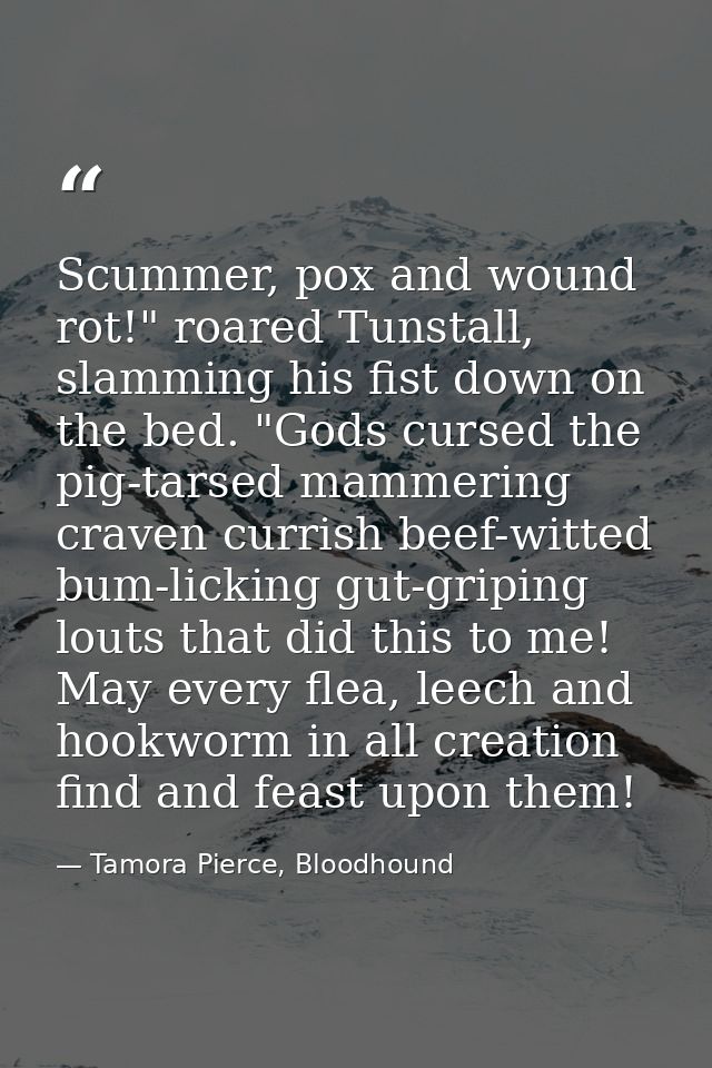 Scummer, pox and wound rot!" roared Tunstall, slamming his fist down on the bed. "Gods cursed the pig-tarsed mammering c — Tamora Pierce, Bloodhound