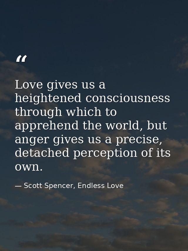 Love gives us a heightened consciousness through which to apprehend the world, but anger gives us a precise, detached pe — Scott Spencer, Endless Love