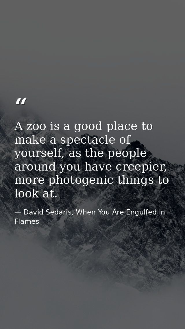 A zoo is a good place to make a spectacle of yourself, as the people around you have creepier, more photogenic things to — David Sedaris, When You Are Engulfed in Flames