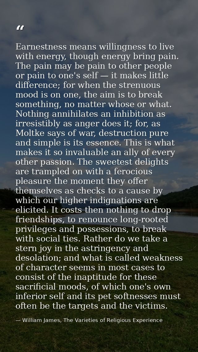 Earnestness means willingness to live with energy, though energy bring pain. The pain may be pain to other people or pai — William James, The Varieties of Religious Experience
