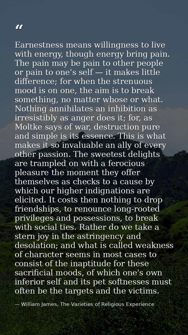 Earnestness means willingness to live with energy, though energy bring pain. The pain may be pain to other people or pai — William James, The Varieties of Religious Experience
