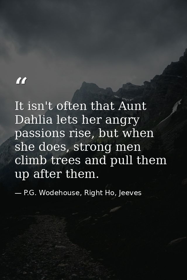 It isn't often that Aunt Dahlia lets her angry passions rise, but when she does, strong men climb trees and pull them up — P.G. Wodehouse, Right Ho, Jeeves