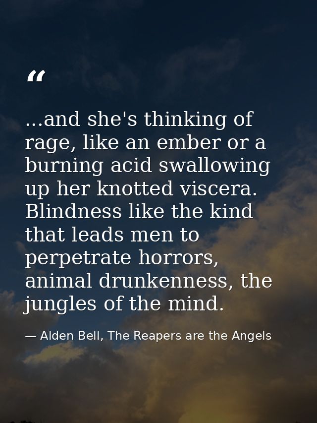 ...and she's thinking of rage, like an ember or a burning acid swallowing up her knotted viscera. Blindness like the kin — Alden Bell, The Reapers are the Angels