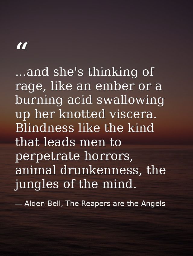 ...and she's thinking of rage, like an ember or a burning acid swallowing up her knotted viscera. Blindness like the kin — Alden Bell, The Reapers are the Angels