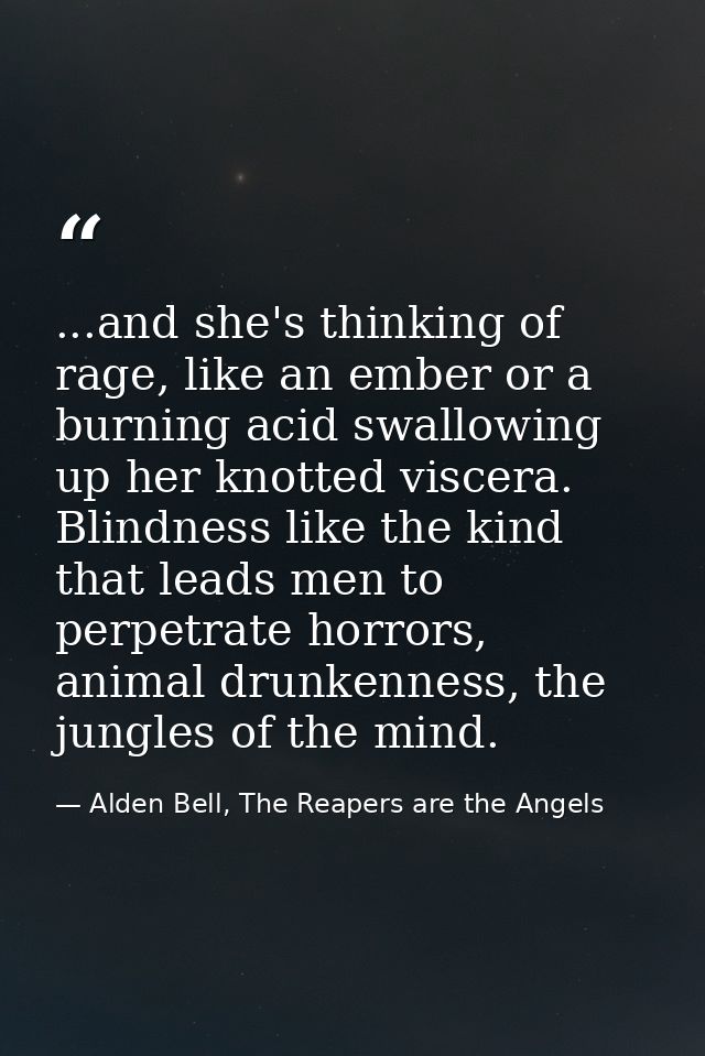 ...and she's thinking of rage, like an ember or a burning acid swallowing up her knotted viscera. Blindness like the kin — Alden Bell, The Reapers are the Angels