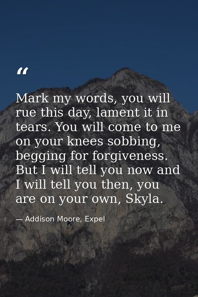 Mark my words, you will rue this day, lament it in tears. You will come to me on your knees sobbing, begging for forgive — Addison Moore, Expel