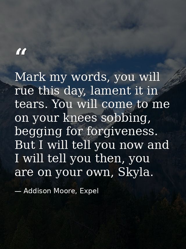 Mark my words, you will rue this day, lament it in tears. You will come to me on your knees sobbing, begging for forgive — Addison Moore, Expel