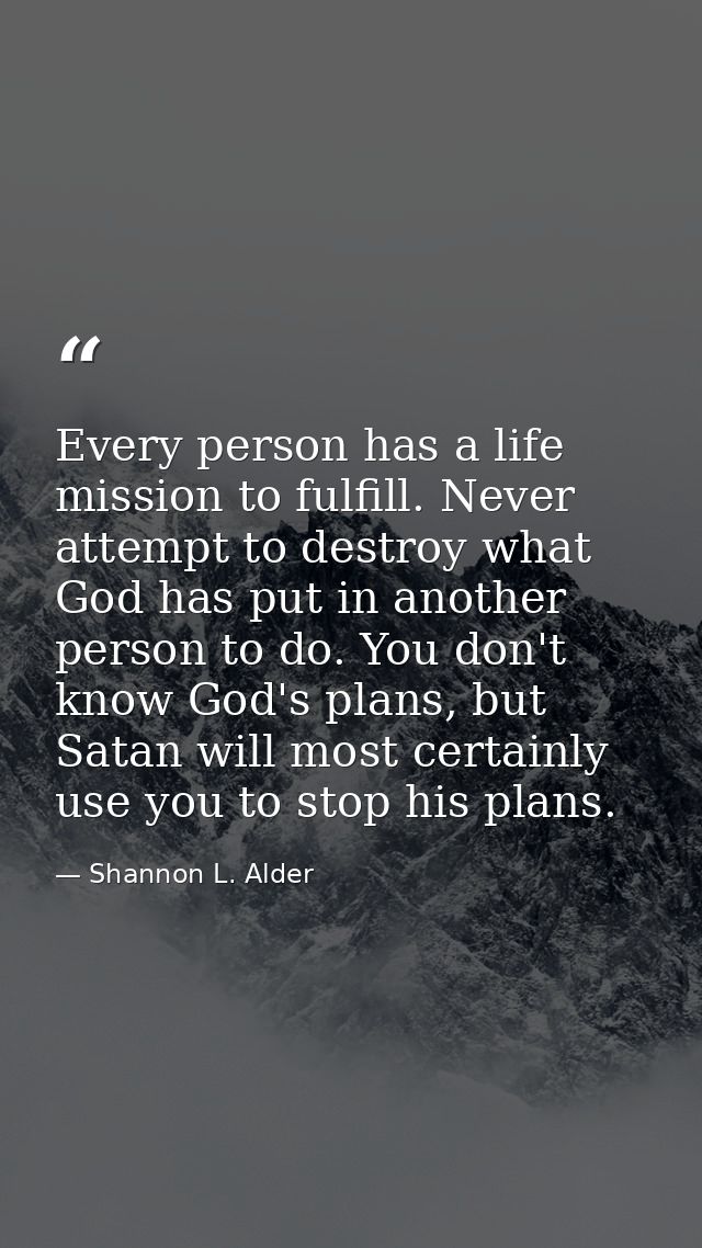 Every person has a life mission to fulfill. Never attempt to destroy what God has put in another person to do. You don't — Shannon L. Alder