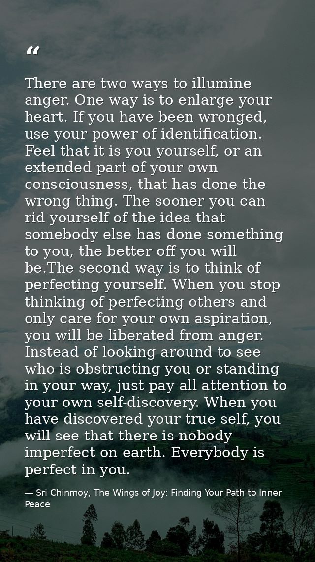There are two ways to illumine anger. One way is to enlarge your heart. If you have been wronged, use your power of iden — Sri Chinmoy, The Wings of Joy: Finding Your Path to Inner Peace