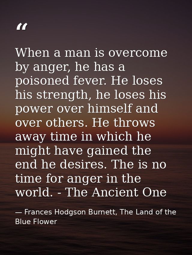 When a man is overcome by anger, he has a poisoned fever. He loses his strength, he loses his power over himself and ove — Frances Hodgson Burnett, The Land of the Blue Flower