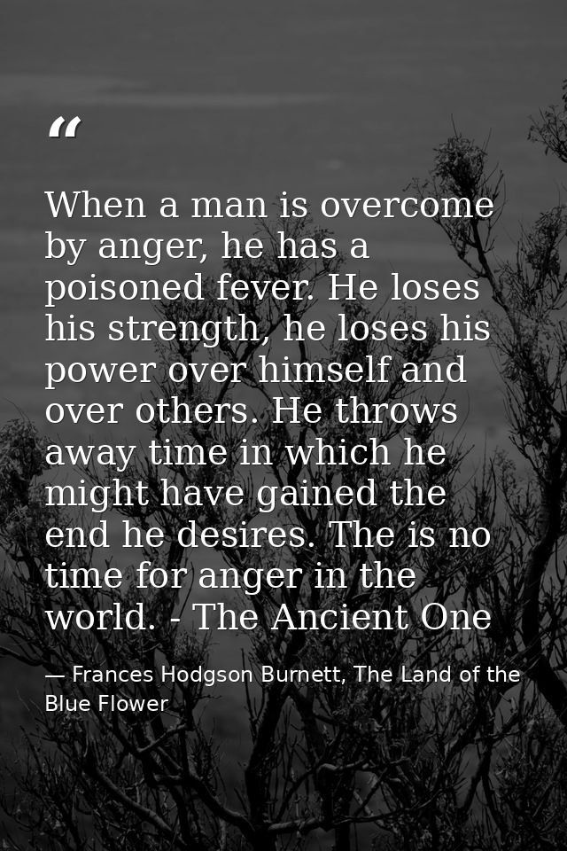 When a man is overcome by anger, he has a poisoned fever. He loses his strength, he loses his power over himself and ove — Frances Hodgson Burnett, The Land of the Blue Flower