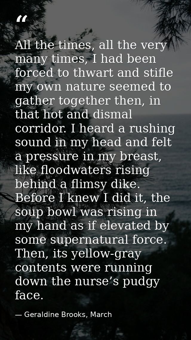 All the times, all the very many times, I had been forced to thwart and stifle my own nature seemed to gather together t — Geraldine Brooks, March