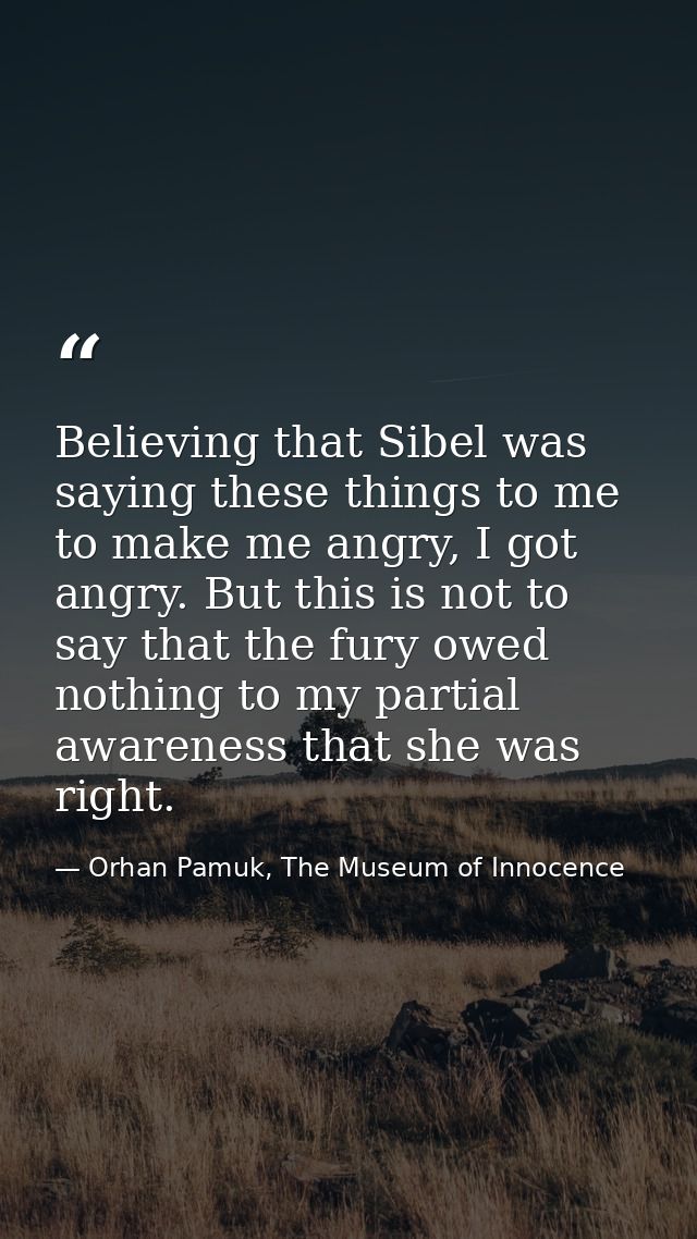 Believing that Sibel was saying these things to me to make me angry, I got angry. But this is not to say that the fury o — Orhan Pamuk, The Museum of Innocence