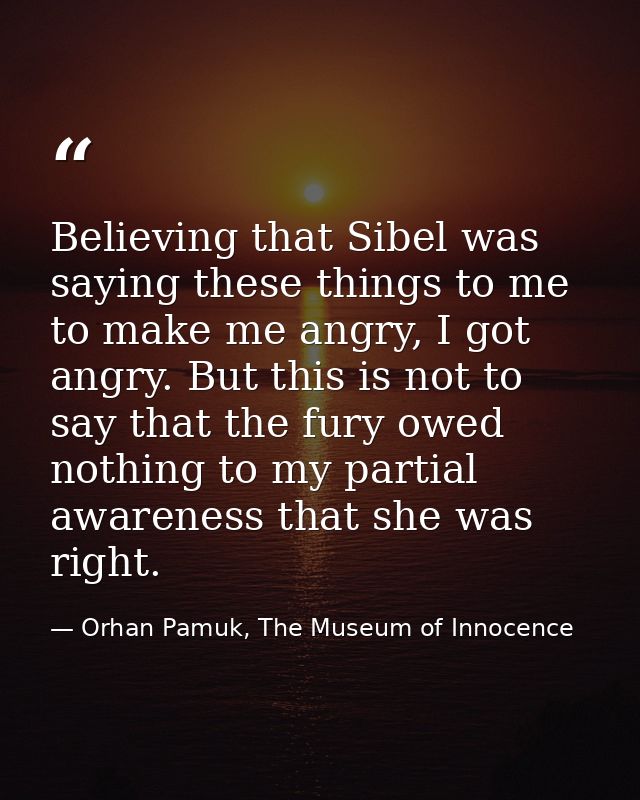 Believing that Sibel was saying these things to me to make me angry, I got angry. But this is not to say that the fury o — Orhan Pamuk, The Museum of Innocence