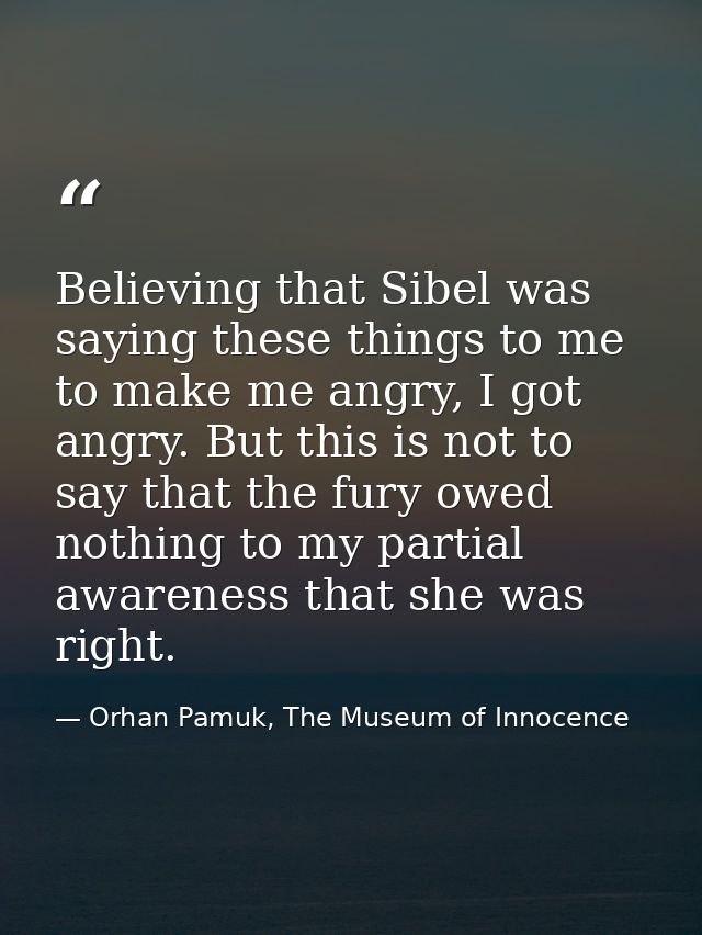 Believing that Sibel was saying these things to me to make me angry, I got angry. But this is not to say that the fury o — Orhan Pamuk, The Museum of Innocence