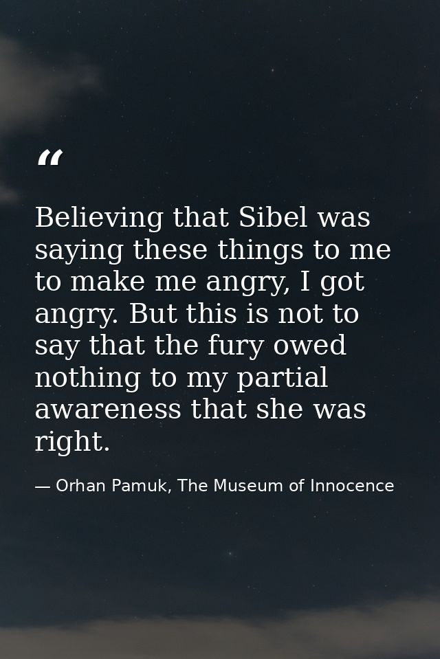 Believing that Sibel was saying these things to me to make me angry, I got angry. But this is not to say that the fury o — Orhan Pamuk, The Museum of Innocence