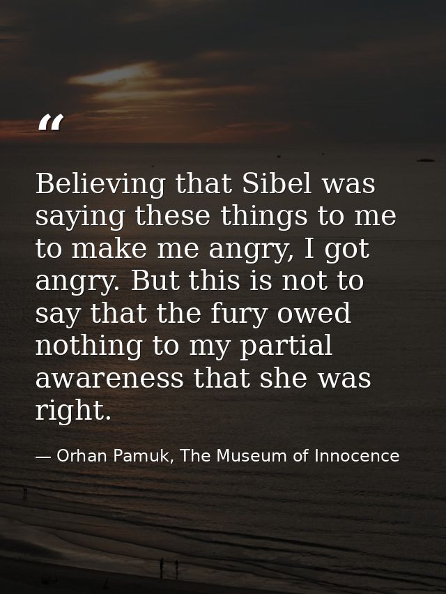 Believing that Sibel was saying these things to me to make me angry, I got angry. But this is not to say that the fury o — Orhan Pamuk, The Museum of Innocence