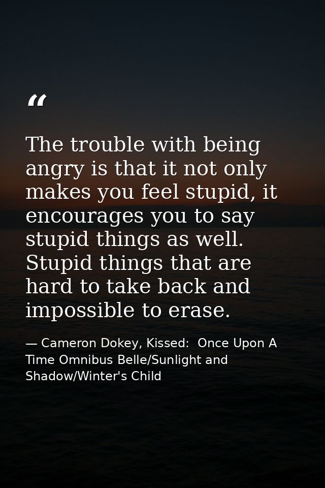 The trouble with being angry is that it not only makes you feel stupid, it encourages you to say stupid things as well.  — Cameron Dokey, Kissed:  Once Upon A Time Omnibus Belle/Sunlight and Shadow/Winter's Child