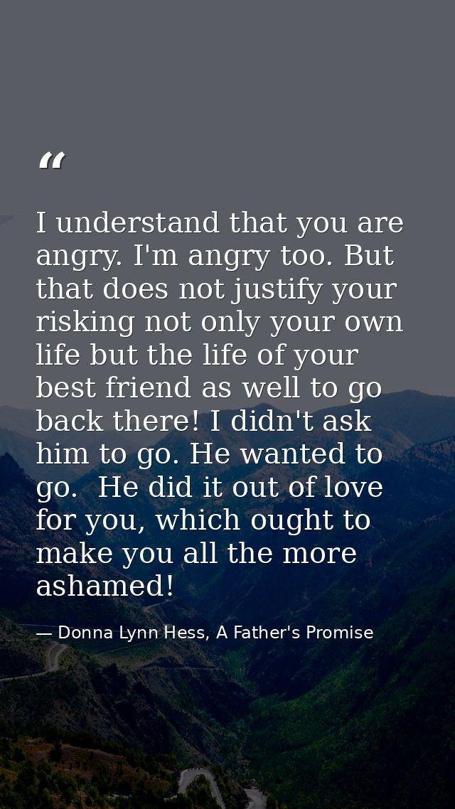 I understand that you are angry. I'm angry too. But that does not justify your risking not only your own life but the li — Donna Lynn Hess, A Father's Promise