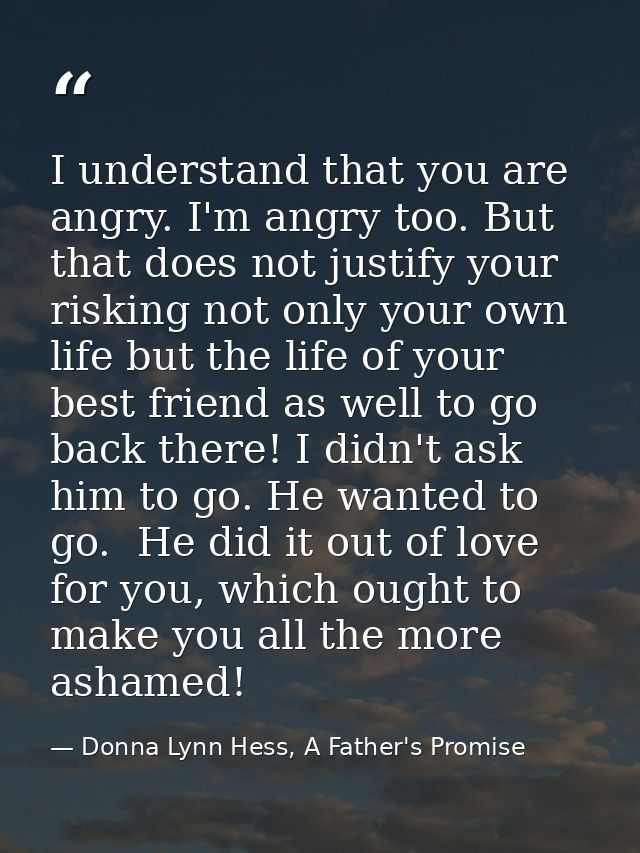 I understand that you are angry. I'm angry too. But that does not justify your risking not only your own life but the li — Donna Lynn Hess, A Father's Promise