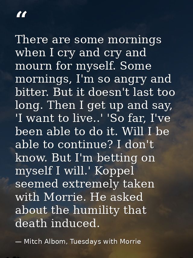There are some mornings when I cry and cry and mourn for myself. Some mornings, I'm so angry and bitter. But it doesn't  — Mitch Albom, Tuesdays with Morrie