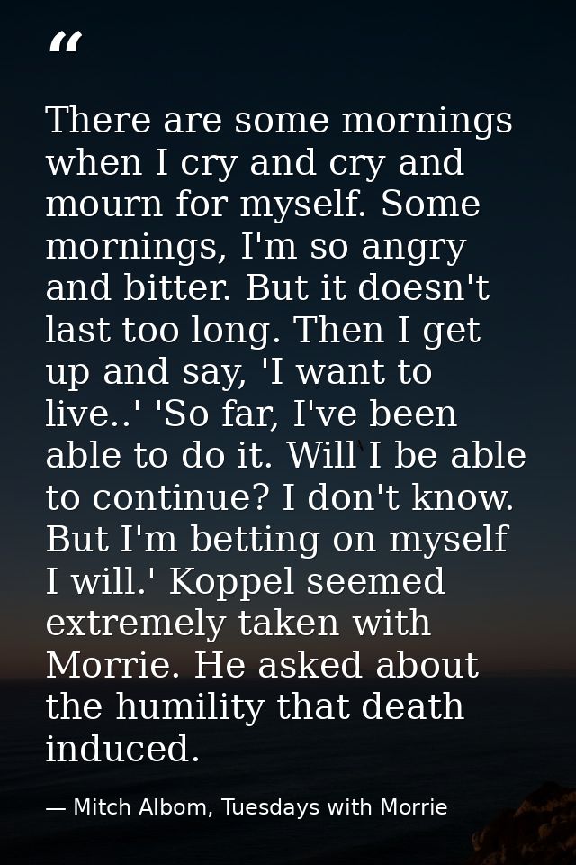 There are some mornings when I cry and cry and mourn for myself. Some mornings, I'm so angry and bitter. But it doesn't  — Mitch Albom, Tuesdays with Morrie