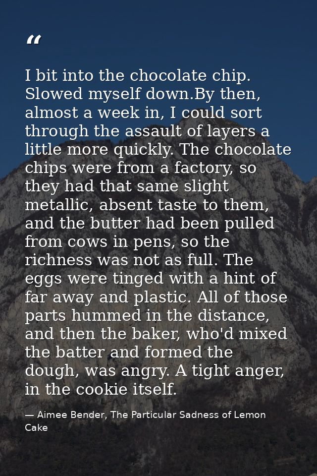 I bit into the chocolate chip. Slowed myself down.By then, almost a week in, I could sort through the assault of layers  — Aimee Bender, The Particular Sadness of Lemon Cake