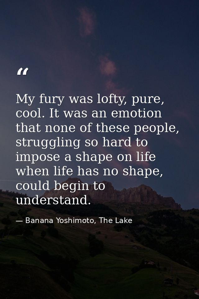 My fury was lofty, pure, cool. It was an emotion that none of these people, struggling so hard to impose a shape on life — Banana Yoshimoto, The Lake