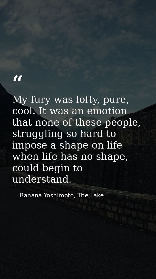 My fury was lofty, pure, cool. It was an emotion that none of these people, struggling so hard to impose a shape on life — Banana Yoshimoto, The Lake