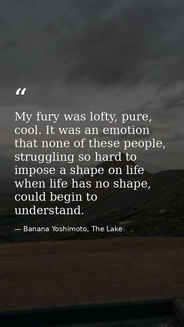 My fury was lofty, pure, cool. It was an emotion that none of these people, struggling so hard to impose a shape on life — Banana Yoshimoto, The Lake