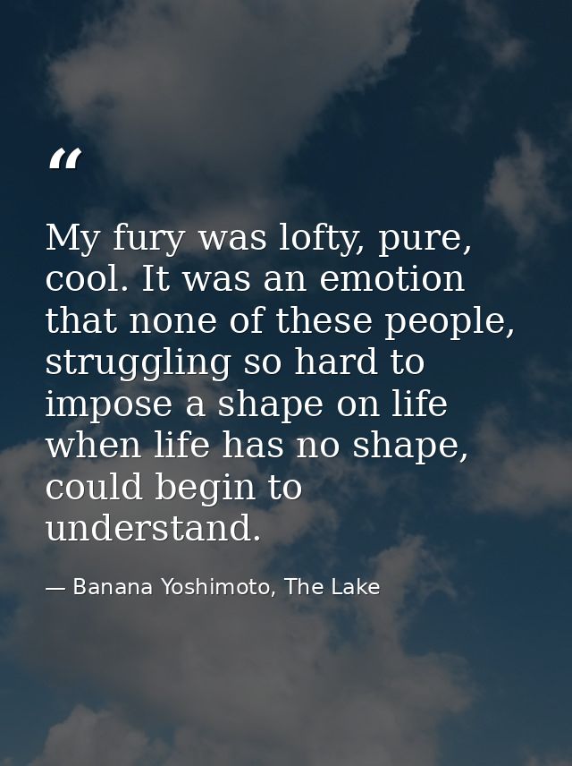 My fury was lofty, pure, cool. It was an emotion that none of these people, struggling so hard to impose a shape on life — Banana Yoshimoto, The Lake