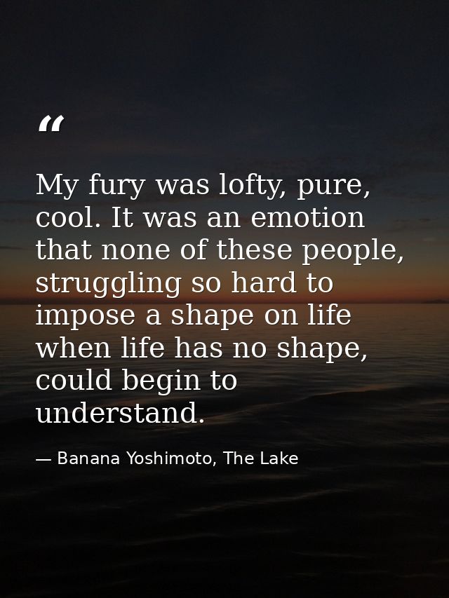 My fury was lofty, pure, cool. It was an emotion that none of these people, struggling so hard to impose a shape on life — Banana Yoshimoto, The Lake