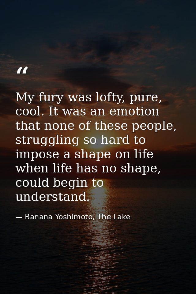 My fury was lofty, pure, cool. It was an emotion that none of these people, struggling so hard to impose a shape on life — Banana Yoshimoto, The Lake