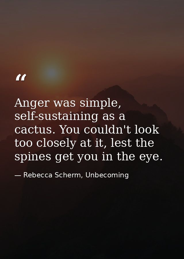 Anger was simple, self-sustaining as a cactus. You couldn't look too closely at it, lest the spines get you in the eye. — Rebecca Scherm, Unbecoming